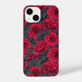 Rote Rosen mit grauen Blätter auf schwarz iPhone 14 Hülle