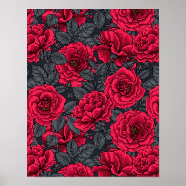 Rote Rosen mit grauen Blätter auf schwarz Poster (Vorne)