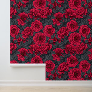 Rote Rosen mit grauen Blätter auf schwarz Tapete