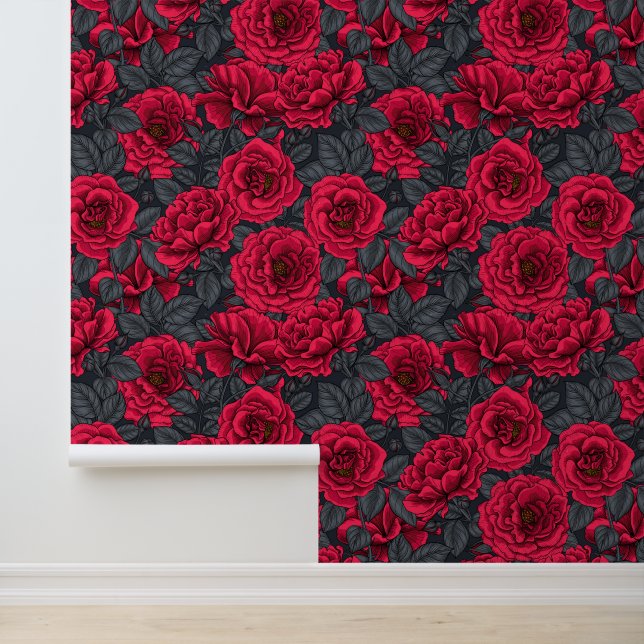 Rote Rosen mit grauen Blätter auf schwarz Tapete (Anwendung)