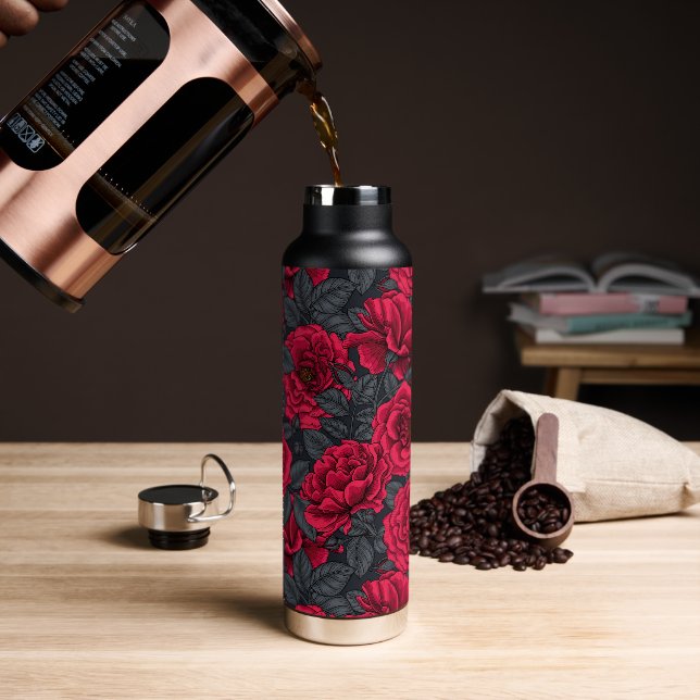 Rote Rosen mit grauen Blätter Trinkflasche (Kaffee)