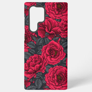 Rote Rosen mit grauen Blättern auf Schwarz Samsung Galaxy Hülle