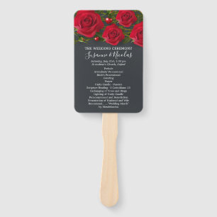 Rote Rosen mit Herz auf grauem Hochzeitsprogramm Fächer