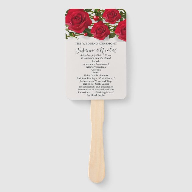 Rote Rosen mit Herz Hochzeitsprogramm Fächer (Vorderseite)