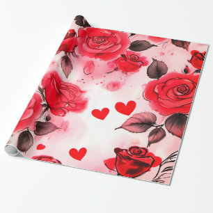 Rote Rosen mit Herz Valentine Romantische Flora Geschenkpapier