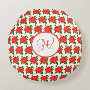 Rote Rosen mit Knöpfen Monogram Rundkissen Rundes Kissen