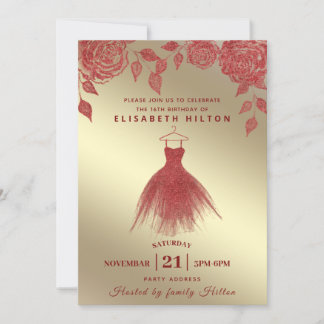 Rote Rosen Modernes Glitzer Kleid 16 . Geburtstag  Einladung