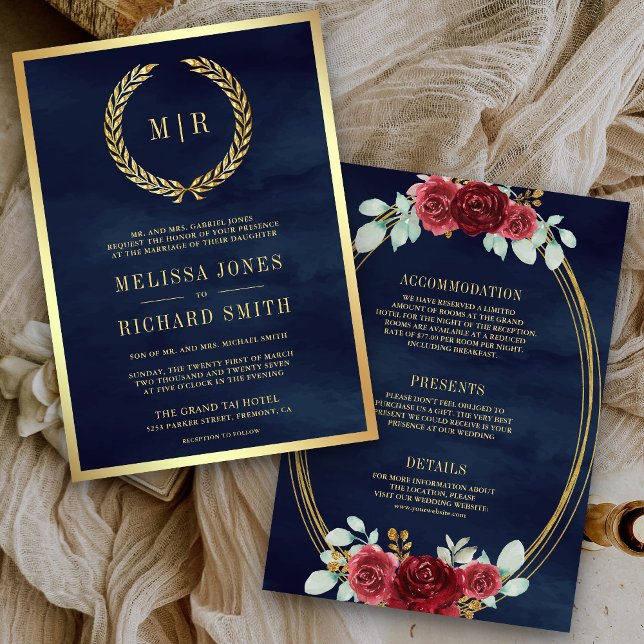 Rote Rosen Monogram All in One Navy Blue Wedding Einladung (Von Creator hochgeladen)
