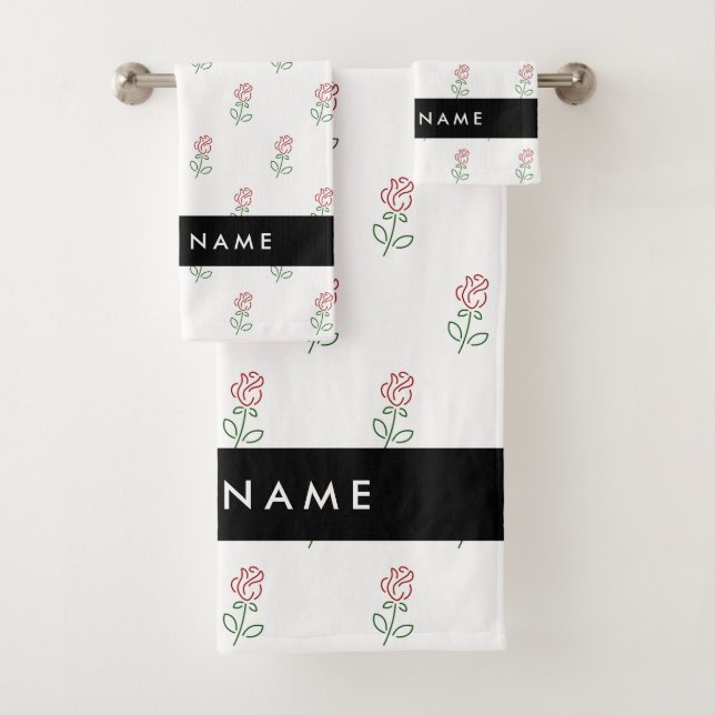 Rote Rosen, Muster von Rose, Ihr Name Badhandtuch Set (Insitu)