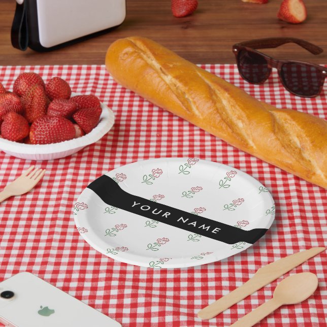 Rote Rosen, Muster von Rose, Ihr Name Pappteller (Picknick)