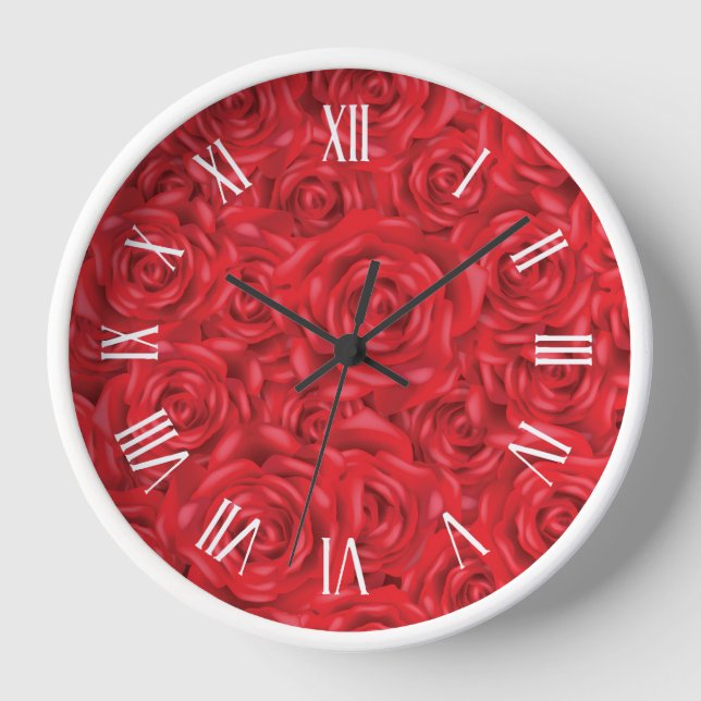 Rote Rosen Muster weiße Zahlen Uhr (Vorderseite)