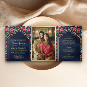 Rote Rosen Navy Blau Floral Gold Indische Hochzeit Dreifach Gefaltete Einladung