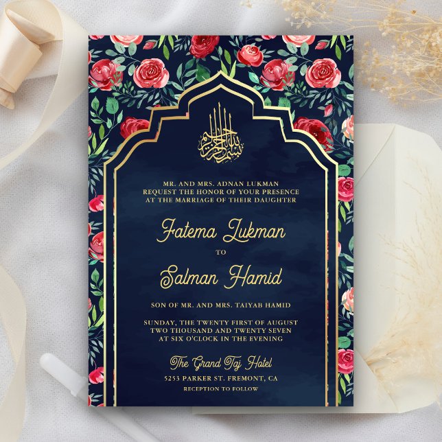 Rote Rosen Navy Blue Gold Floral Muslim Hochzeit Einladung (Von Creator hochgeladen)