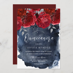 Rote Rosen Navy Watercolor Splash Quinceanera Part Einladung