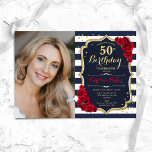 Rote Rosen Navy White Stripes Foto 50. Geburtstag Einladung<br><div class="desc">Elegante florale feminine 50. Geburtstagseinladung mit Ihrem Foto. Glam Marineblau-Rot-Design mit Imitaten Glitzer Gold. Features marineblaue und weiße Streifen,  rote Rosen,  Skript-Schriftart und Konfetti. Ideal für ein stilvolles Party für Erwachsene. Personalisieren Sie Ihre persönlichen Daten. Kann für jedes Alter angepasst werden! Gedruckte Zazzle Einladungen oder Sofortdownload digitalen druckbaren Vorlage.</div>