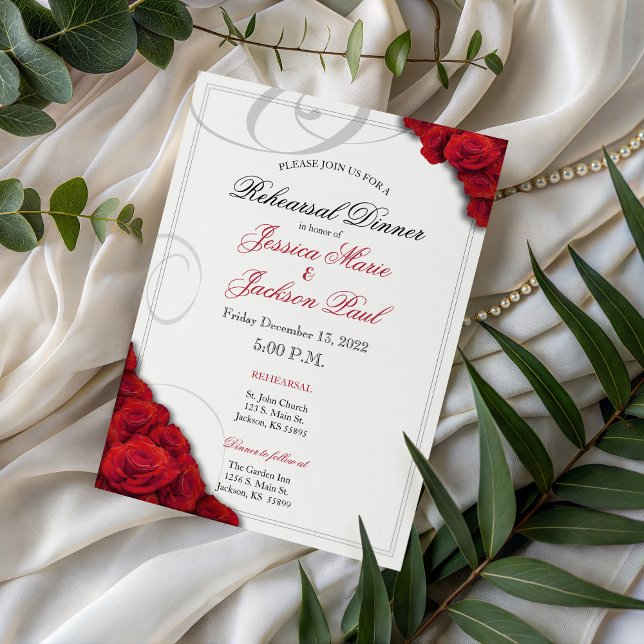 Rote Rosen Probe Abendessen Einladung (Red Roses Rehearsal Dinner Invitation)
