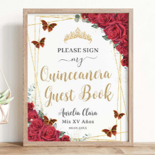 Rote Rosen Quinceanera Birthday Gästebuchsignatur Poster