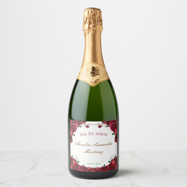 Rote Rosen Quinceañera Champagner Flaschenetikette (Vorderseite)