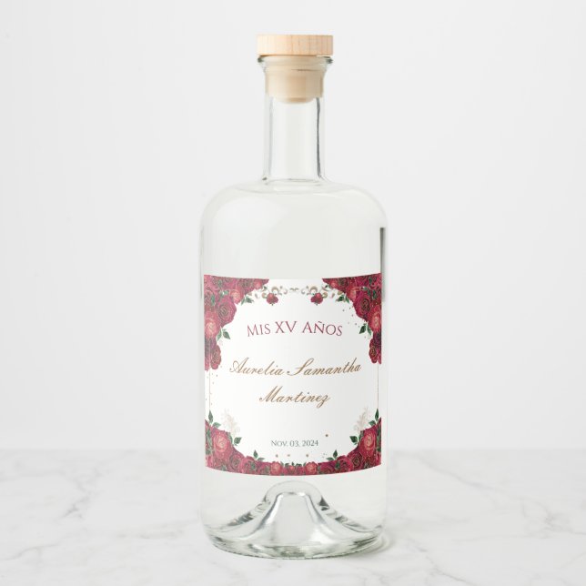 Rote Rosen Quinceañera Liquor Flaschen Etiketten (Vorderseite)