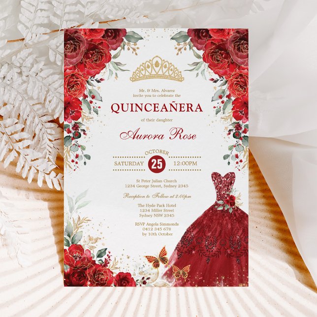 Rote Rosen Quinceañera Mis Quince 15. Geburtstag Einladung (Von Creator hochgeladen)