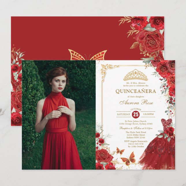 Rote Rosen Quinceañera Prinzessin Tiara Mis Quince Einladung (Vorne/Hinten)