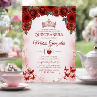 Rote Rosen Quinceañera Rose Gold Crown Mexiko Einladung