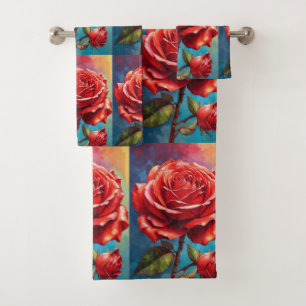 Rote Rosen Regenbogen Schöne Rose Malerei Blumen Badhandtuch Set