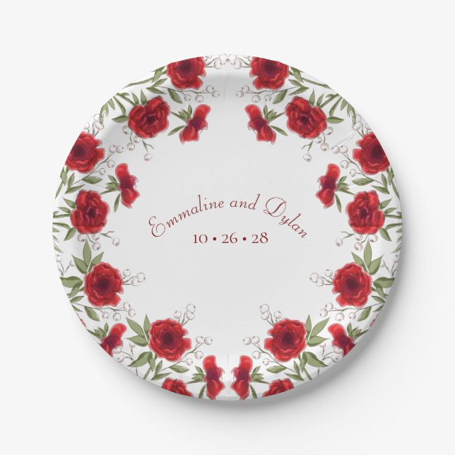 Rote Rosen Romantische Hochzeit Pappteller (Vorderseite)