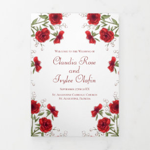 Rote Rosen Romantische Hochzeitsprogramme Dreifach-gefaltete Programmkarte