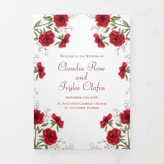 Rote Rosen Romantische Hochzeitsprogramme Dreifach-gefaltete Programmkarte (Cover)