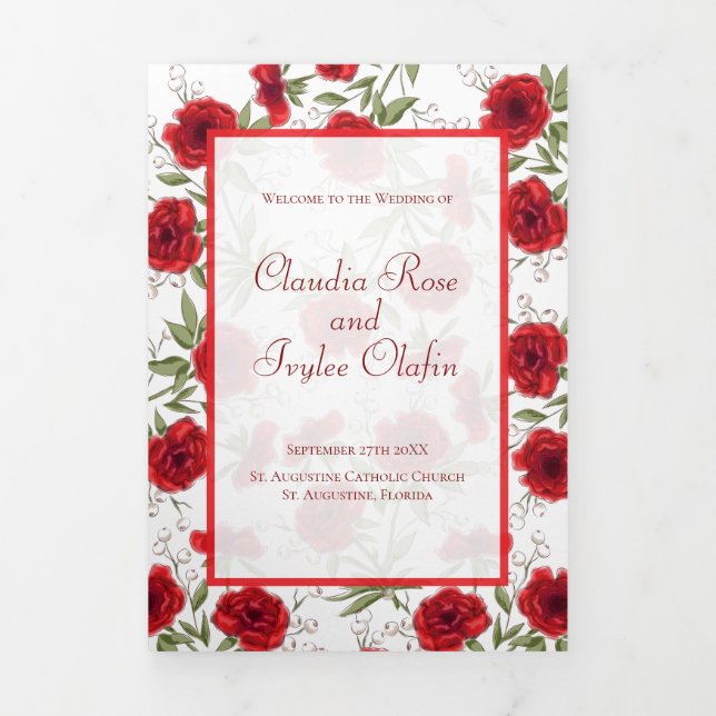 Rote Rosen Romantische Hochzeitsprogramme Dreifach-gefaltete Programmkarte (Cover)