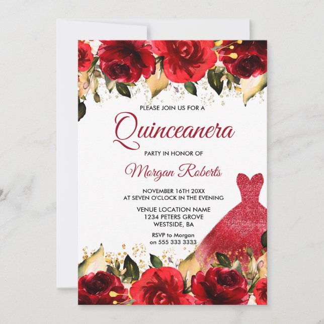 Rote Rosen Romantisches Blumengow Quinceanera Part Einladung (Vorderseite)
