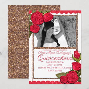 Rote Rosen Rose Gold Glitter Quinceañera Geburtsta Einladung