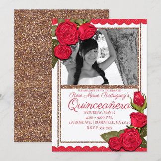Rote Rosen Rose Gold Glitzer Quinceañera Geburtsta Einladung