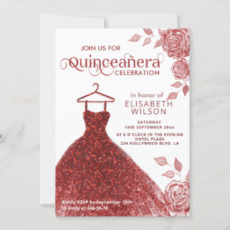 Rote Rosen Rotes Glitzer Kleid Quinceañera Einladu Einladung