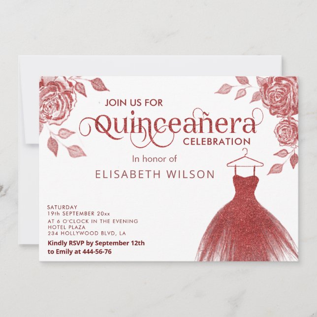 Rote Rosen Rotes Glitzer Kleid Quinceañera Einladu Einladung (Vorderseite)