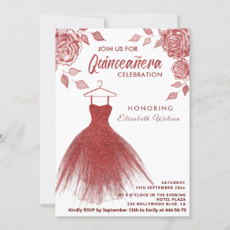 Rote Rosen Rotes Glitzer Kleid Quinceañera Einladu Einladung