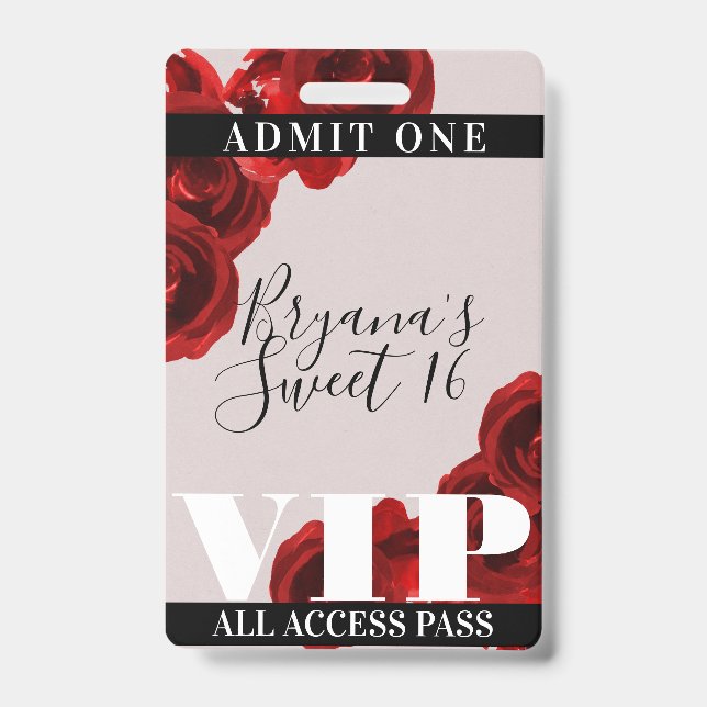 Rote Rosen Rustikaler Chic Sweet 16 VIP Pass Ausweis (Vorderseite)