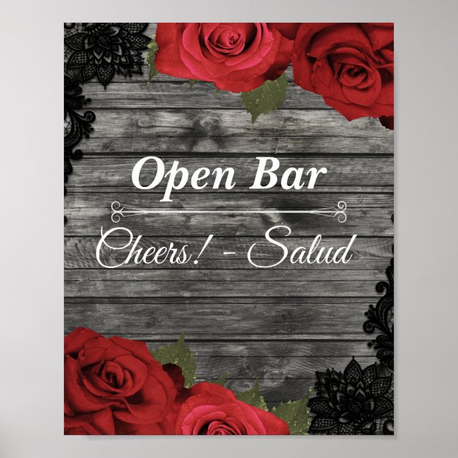 Rote Rosen Rustikales Black Lace Hochzeit Open Bar Poster (Vorne)