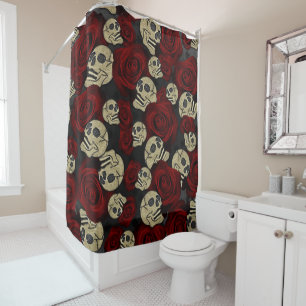 Rote Rosen & Schädel Grau Schwarze Florale Gotik Duschvorhang