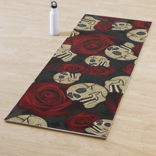 Rote Rosen & Schädel Grau Schwarzes Floral Gothic Yogamatte