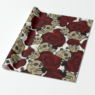Rote Rosen & Schädel Schwarze Blumen Gothic Weiß Geschenkpapier