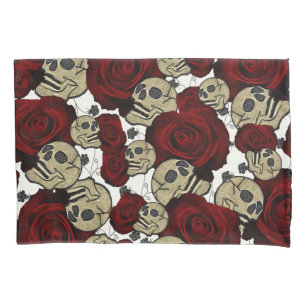 Rote Rosen & Schädel Schwarze Blumen Gothic Weiß Kissenbezug