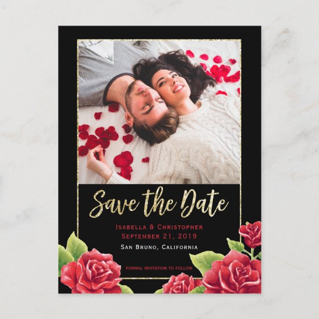 Rote Rosen Schwarz & Gold Glitzer Save the Date Fo Ankündigungspostkarte (Vorderseite)