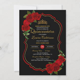 Rote Rosen Schwarz und Gold Elegante Quinceanera Einladung