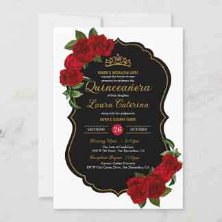 Rote Rosen Schwarz und Gold Elegante Quinceanera Einladung