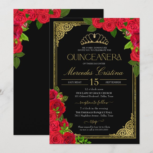 Rote Rosen Schwarz und Gold Elegante Quinceñera In Einladung (Vorne/Hinten)