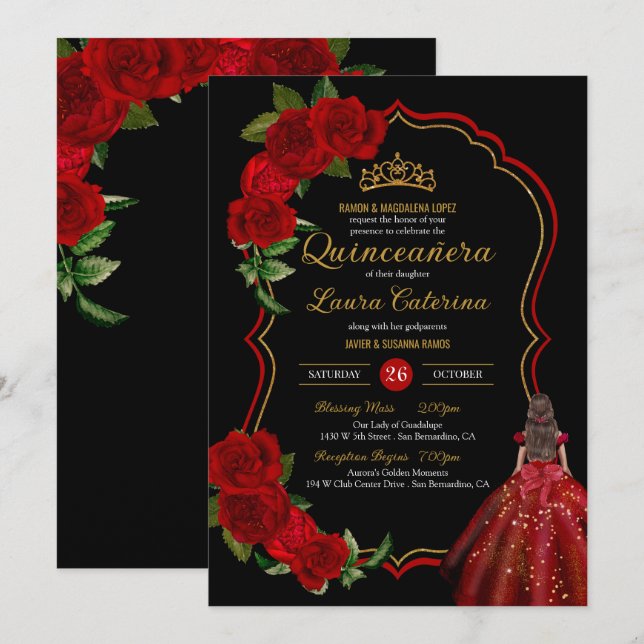 Rote Rosen Schwarz und Gold Elegantes Kleid Quince Einladung (Vorne/Hinten)