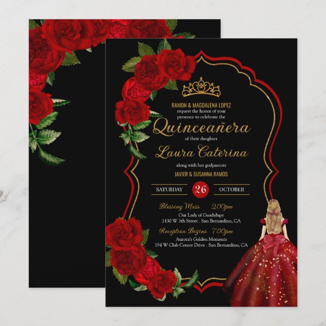 Rote Rosen Schwarz und Gold Elegantes Kleid Quince Einladung (Vorne/Hinten)