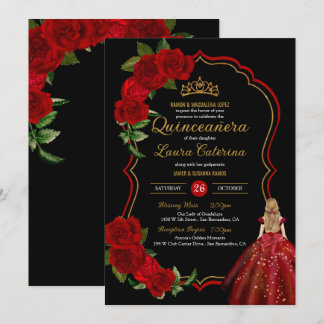 Rote Rosen Schwarz und Gold Elegantes Kleid Quince Einladung